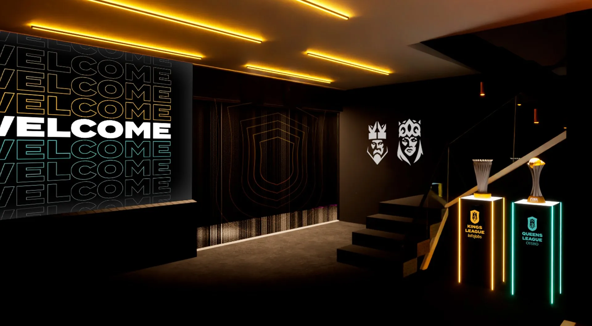 L’espace intérieur des Kings League et Queens League est conçu avec un design immersif, un éclairage linéaire au plafond, des graphismes de bienvenue, des escaliers centraux et des piédestaux d’exposition pour les trophées.