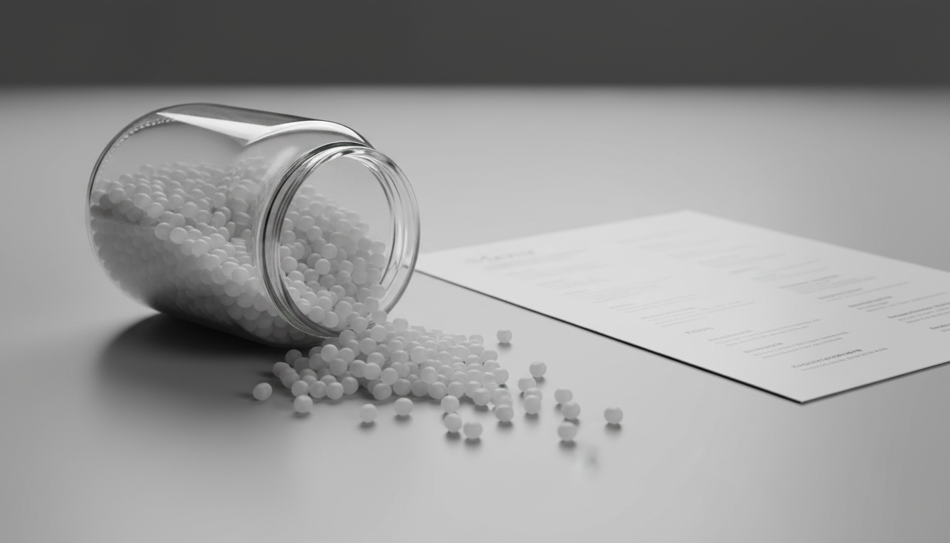 Des granules de polymère blancs accompagnés d’une feuille imprimée de papier synthétique montrant son origine industrielle.