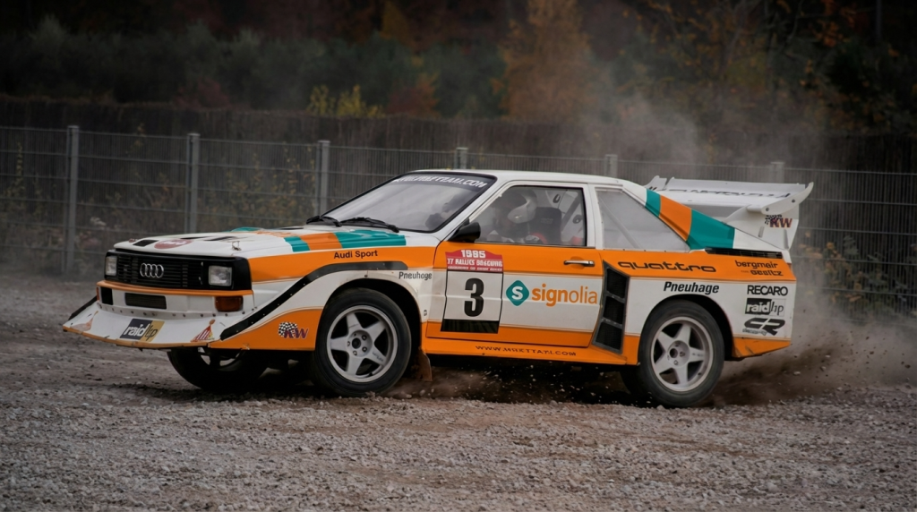 Image générée par IA d’une voiture de rallye classique avec des enveloppes de course orange, blanches et turquoises dérapant sur une piste de gravier.