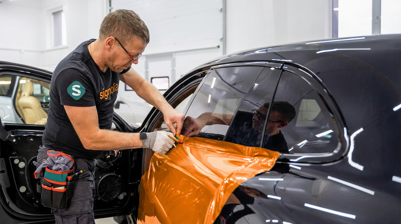 Image générée par IA d’un installateur appliquant du vinyle orange sur une carrosserie lors d’un processus de lettrage.