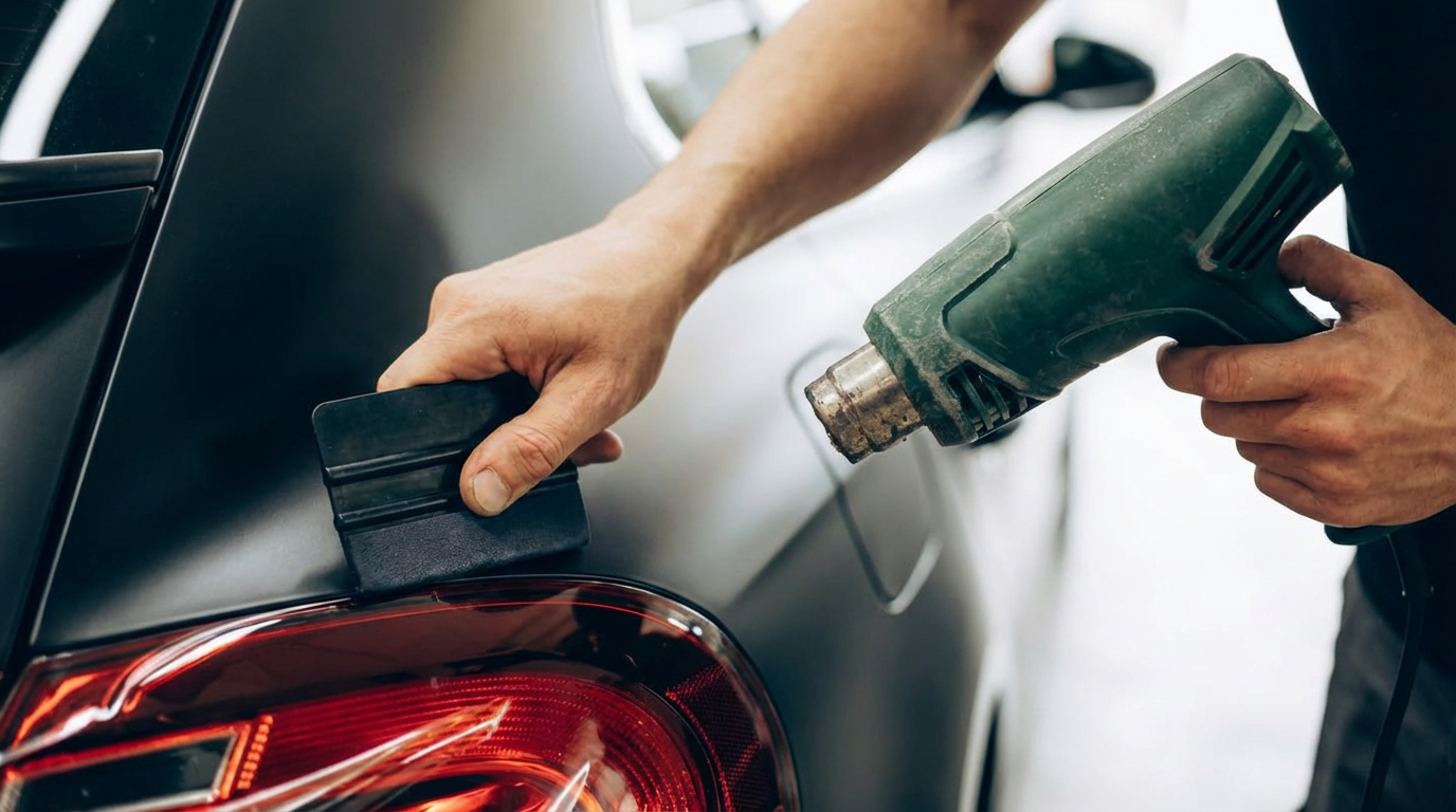 Image générée par IA d’un installateur appliquant du vinyle sur une carrosserie à l’aide d’un couteau à mastic et d’un pistolet à air chaud lors d’un processus d’emballage.