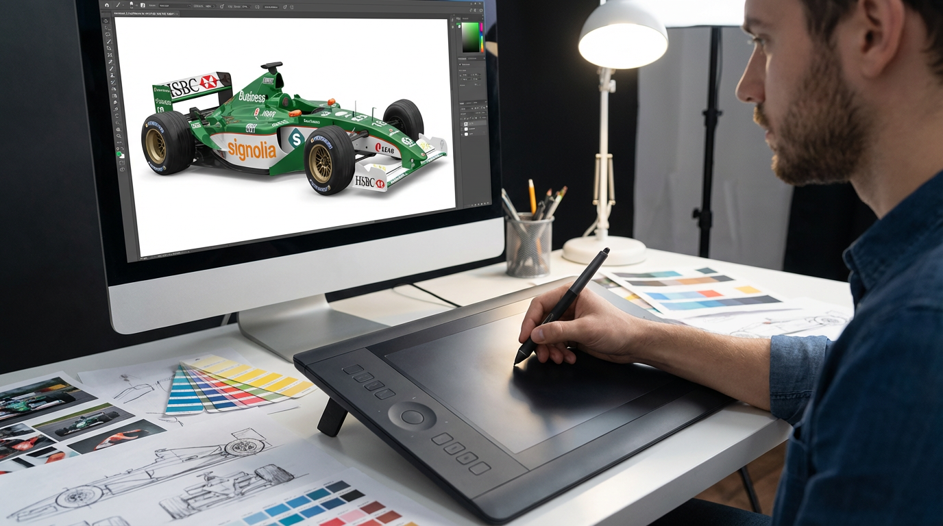 Image générée par IA d’un designer utilisant une tablette graphique pour créer le design enveloppant d’une voiture de course sur l’ordinateur.